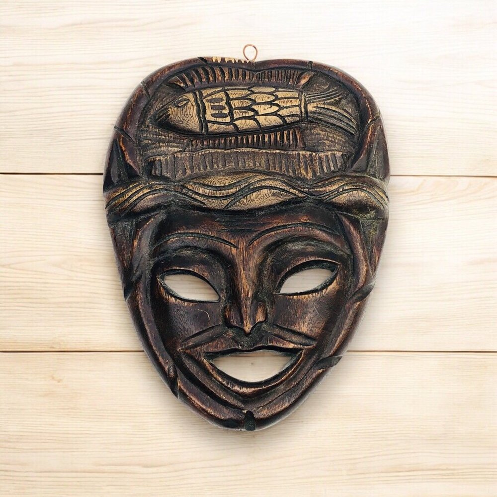Hand Carved Wood Happy Face Mask Fish Aquatic Folk Art Haiti Haitian Wall Art
